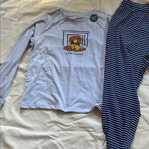 Life Is Good Gray Top with Navy Striped Pajama Pants